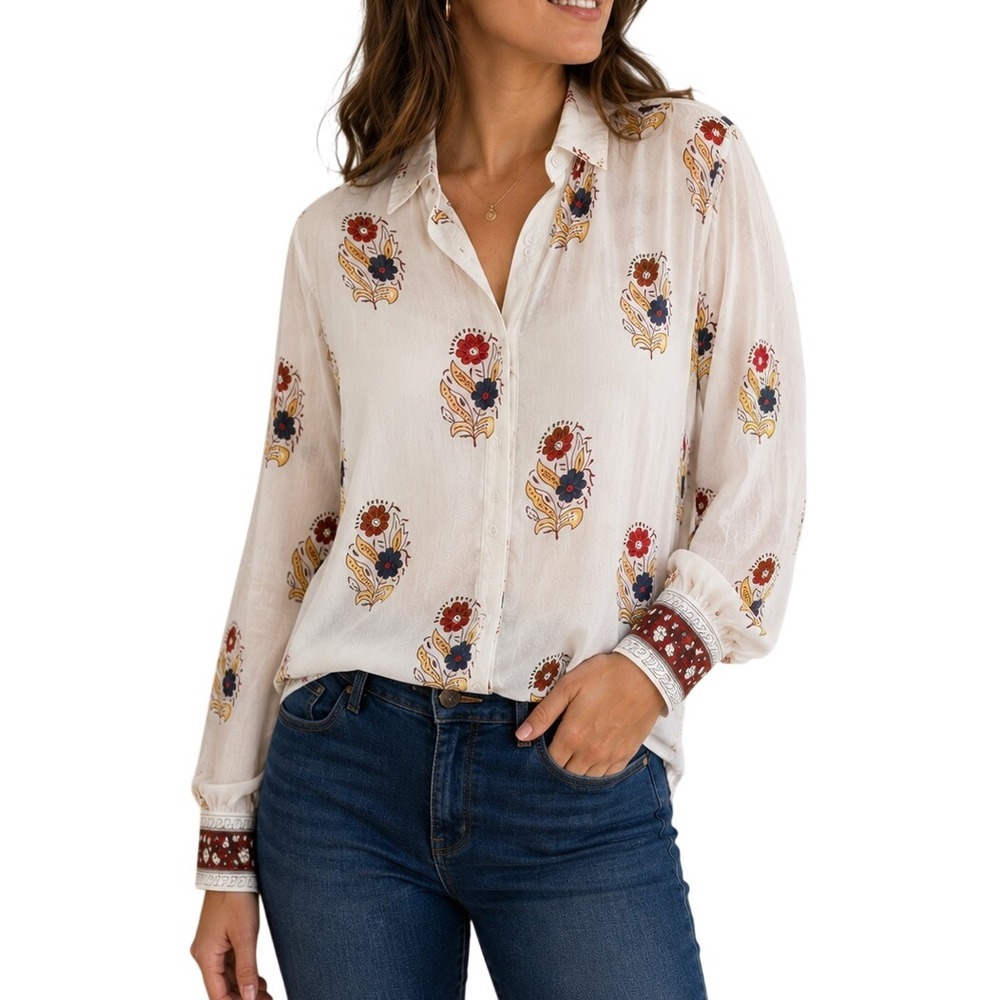 Elie Tahari Women White Floral Block Print Tencel Blouse EH621034 XS NEW